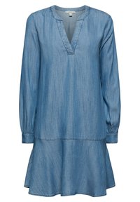 Robe en denim bleu clair à manches longues, décolleté en V, poignets froncés et ourlet de jupe évasé.