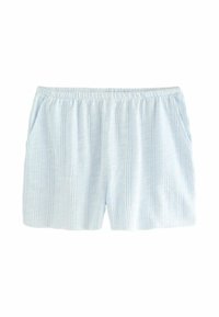 Himmelblaue und weiße gestreifte Shorts mit elastischem Bund und seitlichen Taschen, gefertigt aus einem leichten strukturierten Stoff.