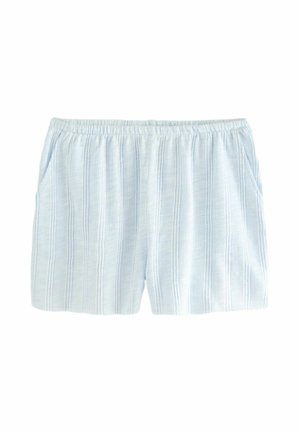 Shorts élastiques rayés bleu clair et blanc avec poches latérales, fabriqués à partir d'un tissu texturé léger.