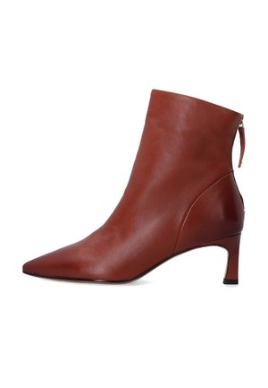 Braune Leder-Ankle Boots mit spitzem Zeh, schlankem Absatz und Reißverschluss auf der Rückseite. Glatte Textur mit einem eleganten, modernen Design.