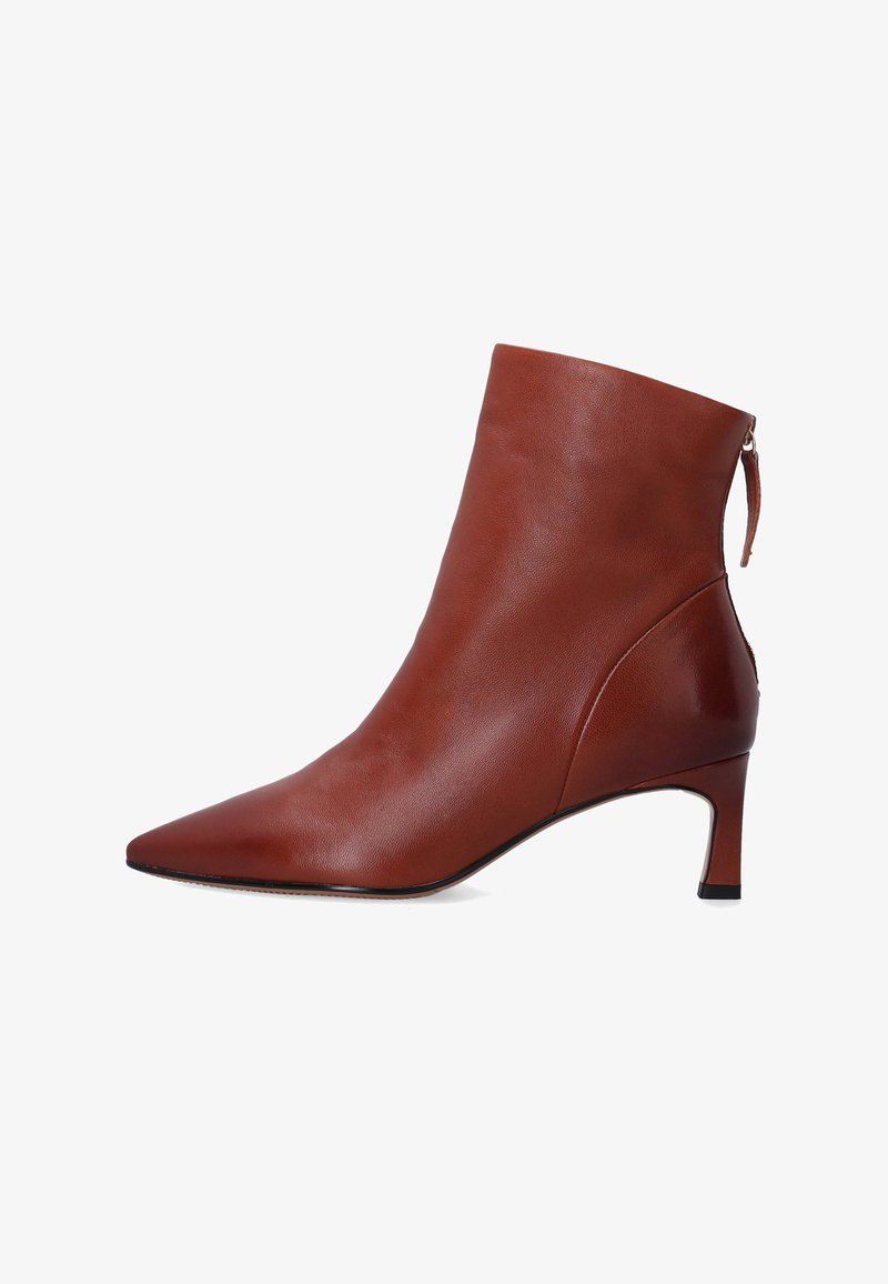 Hnědé kožené kotníkové boty s špičatou špičkou, úzkým podpatkem a zapínáním na zip vzadu. Hladký povrch s elegantním, moderním designem.