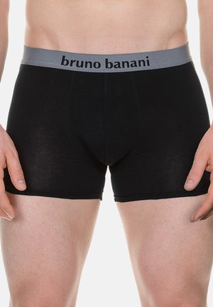 Boxers noirs en tissu lisse avec une ceinture élastique grise portant le nom de la marque "bruno banani" en lettres noires.