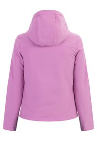 Růžová softshellová bunda s kapucí, která má hladký povrch a jednoduchý design. Obsahuje dlouhé rukávy a rovný lem na dně.