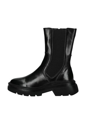 Black mid-calf leather boot with chunky sole and elastic ribbed side panel, side zipper, and round toe.