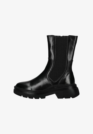 Black mid-calf leather boot with chunky sole and elastic ribbed side panel, side zipper, and round toe.