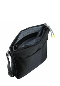 Borsa a tracolla nera con tessuto testurizzato, ampia chiusura con zip e interno grigio. Presenta una tasca esterna con zip e una tracolla regolabile.