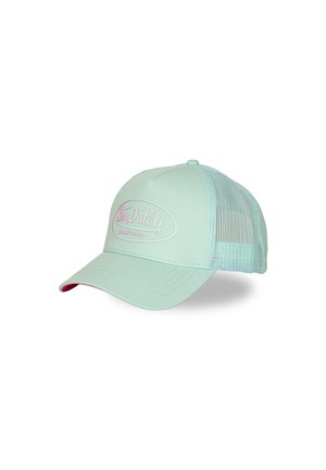 Gorra trucker Von Dutch California verde claro con parte trasera de malla y visera curvada, mostrada sobre un fondo blanco.