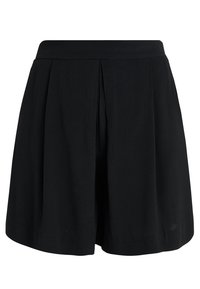 Shorts plissés noirs avec une taille ajustée et un tissu fluide, présentant une texture lisse et une coupe ample et décontractée.