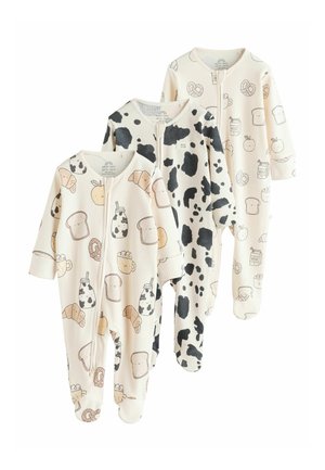 Trei body-uri pentru sugari din bumbac moale, cu ilustrații jucăușe tematice cu mâncare pe un fundal deschis, cu închidere cu fermoar și textură striată.