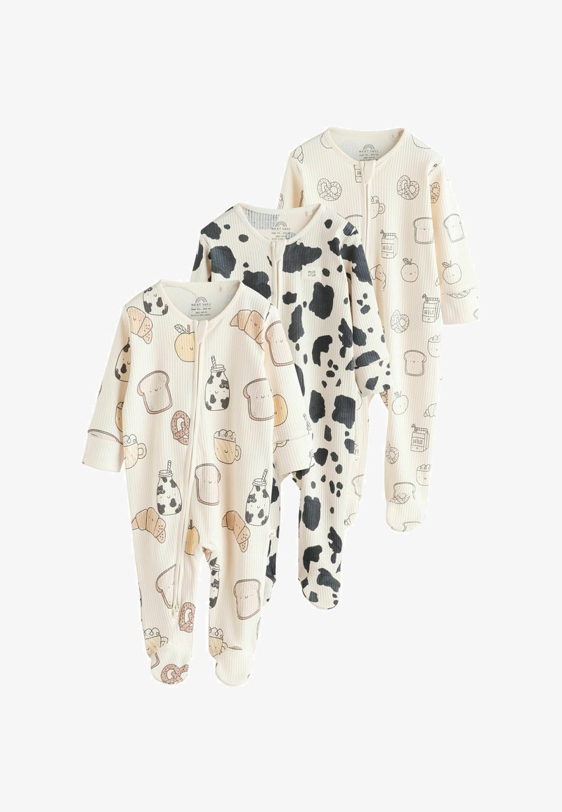 Drei Baby-Strampler aus weicher Baumwolle, mit verspielten, lebensmittelbezogenen Illustrationen auf hellem Hintergrund, ausgestattet mit Reißverschluss und geripptem Stoff.