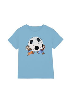 Light blue shirt with two animated chipmunks carrying a large black-and-white soccer ball between them.