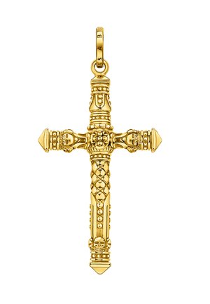 Goldener Kreuzanhänger mit Totenkopfmotiven und filigranen Perlen- und Blumenmustern an jedem Arm, inklusive einer Öse für eine Kette oben.