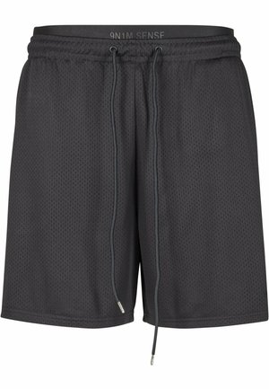 Shorts atletici neri realizzati in tessuto a rete traspirante, con vita elastica e cordoncino di regolazione con aghetti argentati.
