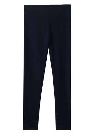 Mørkeblå leggings med en bred, elastisk talje. Lavet af et glat, strækbart stof, der har en tætsiddende pasform og ingen synlige sømme.