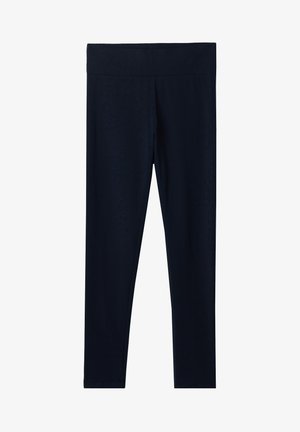 Mørkeblå leggings med en bred, elastisk talje. Lavet af et glat, strækbart stof, der har en tætsiddende pasform og ingen synlige sømme.