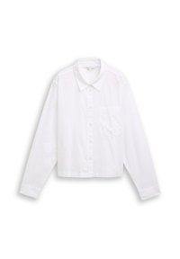 Camicia bianca a maniche lunghe, corta, con bottone frontale, colletto classico e una tasca sul petto; tessuto liscio e leggero.