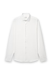 Weißes Langarmhemd aus glattem Stoff. Mit spitzem Kragen, durchgehender Knopfleiste und geknöpften Manschetten sowie einem geraden Saum.