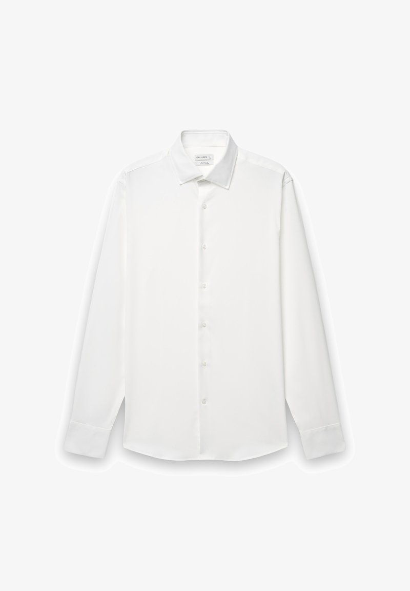 Weißes Langarmhemd aus glattem Stoff. Mit spitzem Kragen, durchgehender Knopfleiste und geknöpften Manschetten sowie einem geraden Saum.