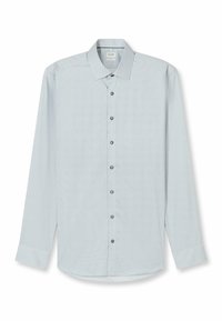 Hellblaues Langarmhemd mit geometrischem Muster, Knopfleiste am Kragen, schwarzen Knöpfen und abgerundetem Saum. Glatte Stoffstruktur.