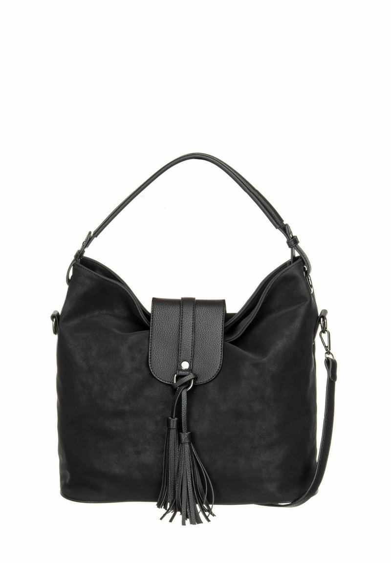 Sac d'épaule en cuir synthétique noir avec un rabat texturé, un détail de pompon et une bandoulière amovible. Forme souple et décontractée.
