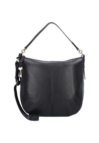 Sac à main en cuir noir avec une texture lisse, doté d'une anse supérieure unique et d'une bandoulière réglable. Accents en métal doré.