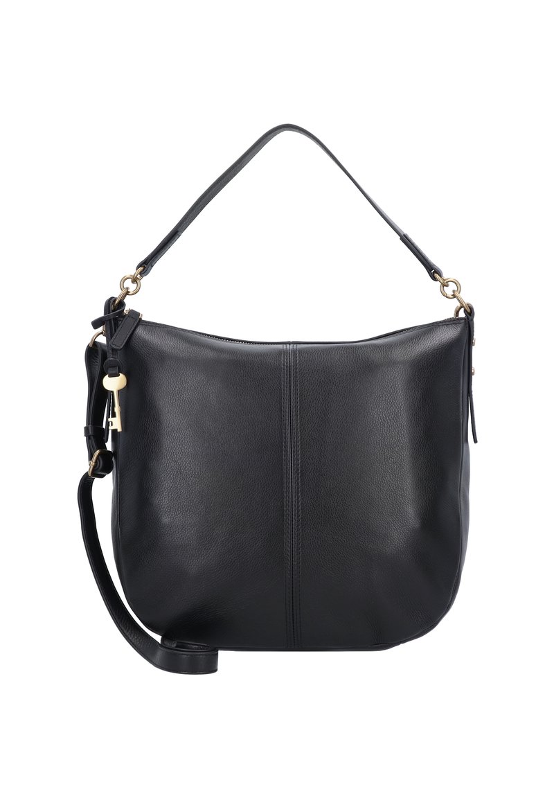 Sac à main en cuir noir avec une texture lisse, doté d'une anse supérieure unique et d'une bandoulière réglable. Accents en métal doré.