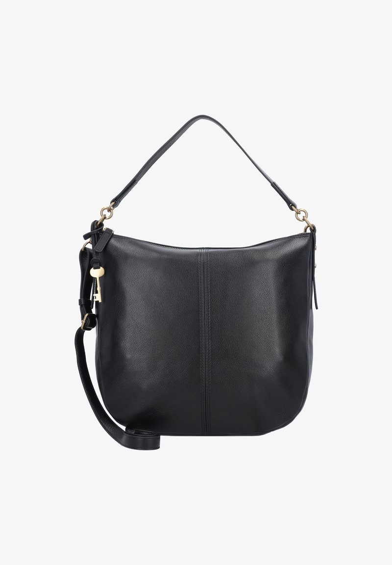 Black leather handbag with a smooth texture, featuring a single top handle and an adjustable shoulder strap. Gold-tone hardware accents.
