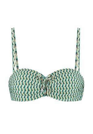 Haut de bikini à motif vert et crème avec une forme structurée, des bretelles réglables et un détail de nœud à l'avant. Le tissu semble lisse avec un léger froncé.