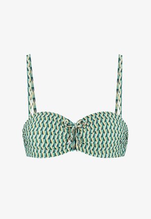 Top bikini con motivo verde e crema, dalla forma strutturata, con spalline regolabili e dettaglio annodato sul davanti. Il tessuto appare liscio con leggero arricciato.