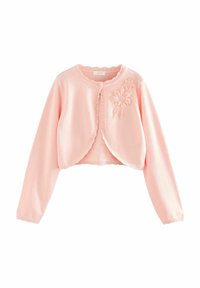 Cardigan corto rosa con maniche lunghe, realizzato in tessuto morbido, con orlo smerlato e ricamo floreale su un lato. Chiusura con due bottoni.
