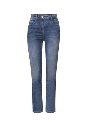 Blå denim jeans med slank pasform, høj talje, forlommer, lynlås og en lys falmet vask. Klassisk fem-lomme design med syninger.