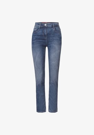 Jeans en denim bleu avec une coupe slim, taille haute, poches avant, fermeture éclair et un lavage léger délavé. Design classique à cinq poches avec des accents de couture.