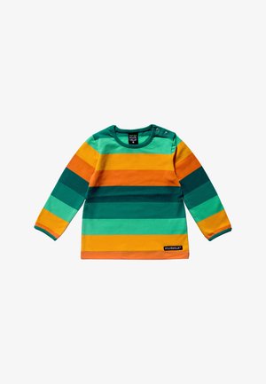 Long-sleeve T-shirt made of cotton, featuring horizontal stripes in green, orange, and yellow. Includes snap buttons at the shoulder.