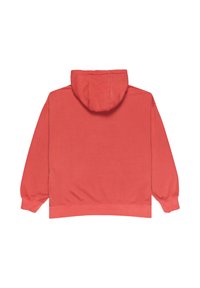 Coral hooded sweatshirt with a relaxed fit, long sleeves, elasticized cuffs, and a kangaroo pocket. Smooth cotton material, no patterns.