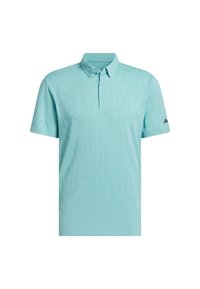 Svetlomodrá polo košeľa vyrobená z hladkej tkaniny, s golierom, trojmiestnym zapínaním na gombíky a jemným textúrovaným vzorom po celom povrchu.