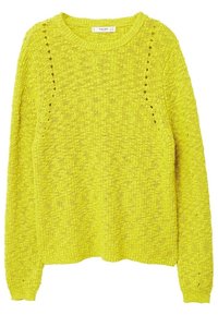 Limettengrüner Strickpullover mit Rundhalsausschnitt, langen Ärmeln und offenen Gewebedetails an den Schultern und Seiten. Lockere Passform, strukturiertes Material.