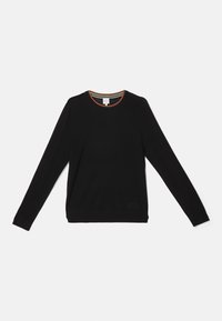 Pull noir à manches longues avec col rond, présentant une bordure rayée multicolore à l'intérieur du col, posé à plat sur un fond blanc.