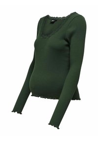 Temna zelena dolgosleeva rebrasta majica z valovitim ovratnikom in robom. Mehak material s prilegnjenim silhueto in razširjenimi manšetami.