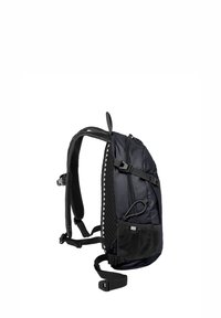 Sac à dos en nylon noir avec des accents en maille, des bretelles réglables, une poche zippée à l'avant et une poche en maille sur le côté. Design épuré et ergonomique pour le confort.