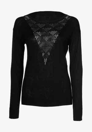 Zwarte lange mouwen trui met een brede halslijn, voorzien van een gestructureerd driehoekig uitsnijdontwerp op de borst en ribgebreide manchetten en onderzoom.