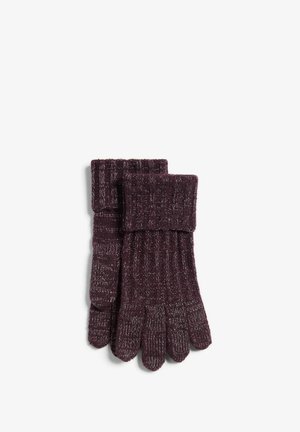 Burgunder ribbede handsker med en foldet manchet, lavet af tekstureret garn med subtile metaltråd detaljer for ekstra nuance.
