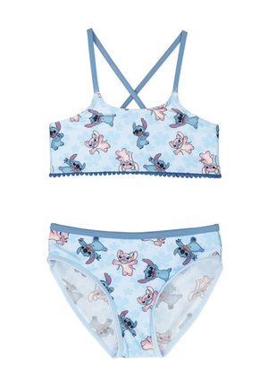 Twee-delig zwemkledingset met een lichtblauwe bralette met spaghettibandjes en bijpassende slip. Beide zijn versierd met kleurrijke patronen van cartoonfiguren.