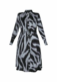 Robe brillante noire et grise à manches longues, boutonnée, avec col et ceinture à la taille, présentant un motif abstrait ondulé.