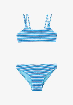Zweiteiliger Badeanzug mit blau-weißen horizontalen Streifen, mit einem Top mit quadratischem Ausschnitt und doppelten Trägern sowie passenden Bikinihosen.