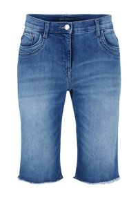 Jasnoniebieskie szorty dżinsowe z wyblakłym wykończeniem, z zapięciem na guziki, szlufkami na pasek, dwiema przednimi kieszeniami oraz surowymi brzegami.