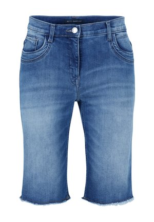 Denim shorts in light blue with a faded finish, featuring a button closure, belt loops, two front pockets, and raw hem edges.