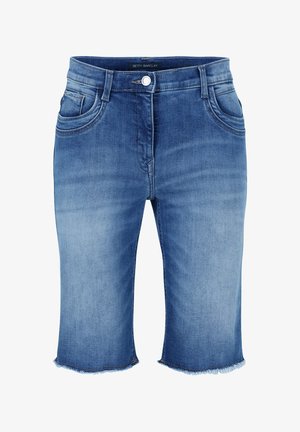 Denim shorts in light blue with a faded finish, featuring a button closure, belt loops, two front pockets, and raw hem edges.