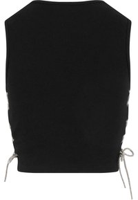Top nero senza maniche con collo alto, caratterizzato da dettagli di laccio laterali con accenti metallici per una vestibilità regolabile e una texture interessante.