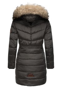 Puffer coat in dark gray with a removable tan fur-lined hood, cinched waist, and horizontal quilting detail. Features a logo patch on sleeve.