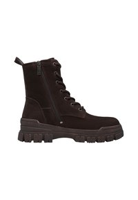 Bottine noire à lacets avec fermeture éclair latérale et semelle épaisse à crampons, conçue pour un usage décontracté ou en extérieur.